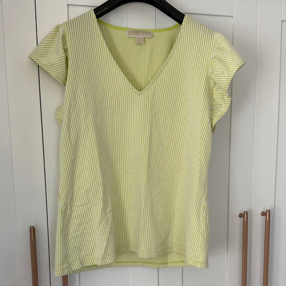 Michael Kors size XL Light Green Striped V-Neck Blouse